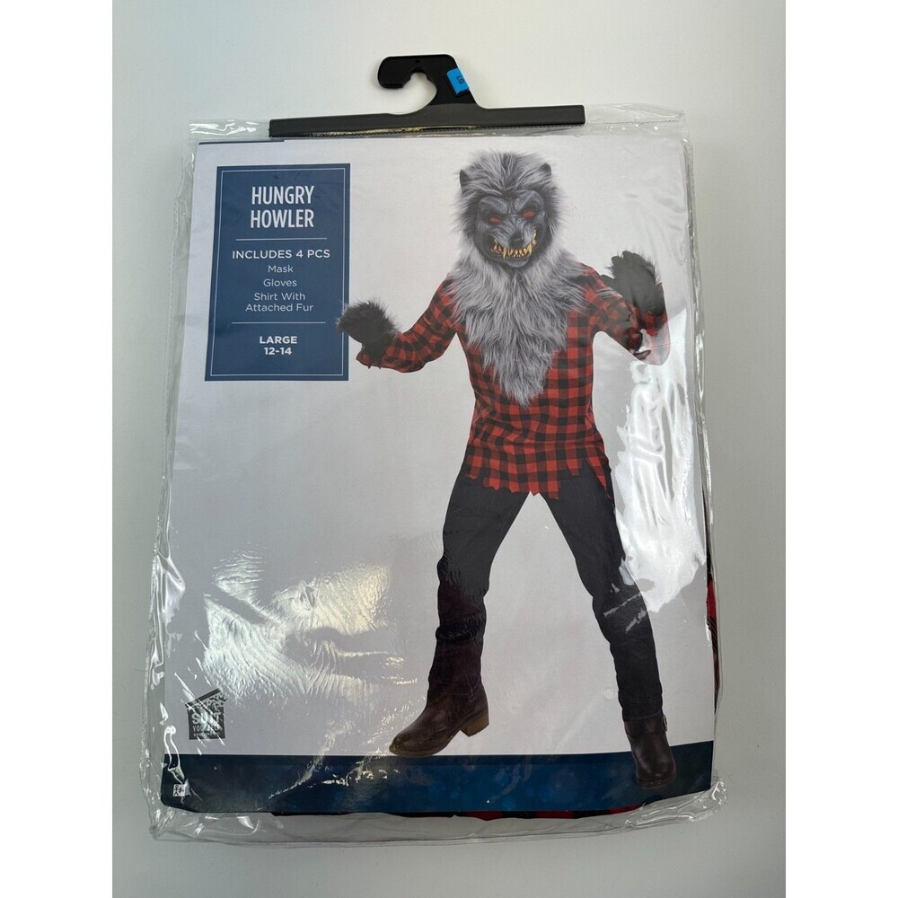 Hungry Howler Werewolf Costume Kids Large 12-14 Mask Gloves Shirt Fur New Tags